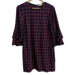 Beach Lunch Lounge Flannel Shift Dress Size S Black Purple Check Ruffle Sleeve